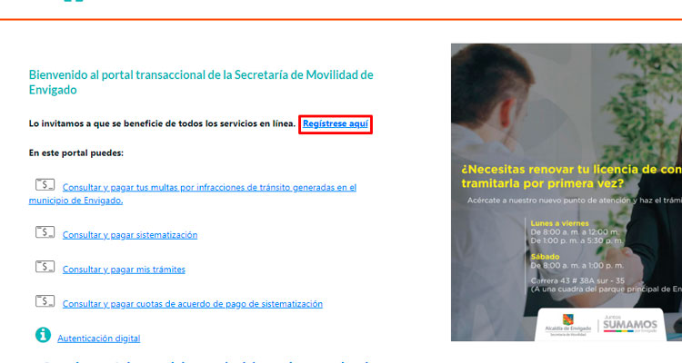 Portal Web Plus Envigado registrarse
