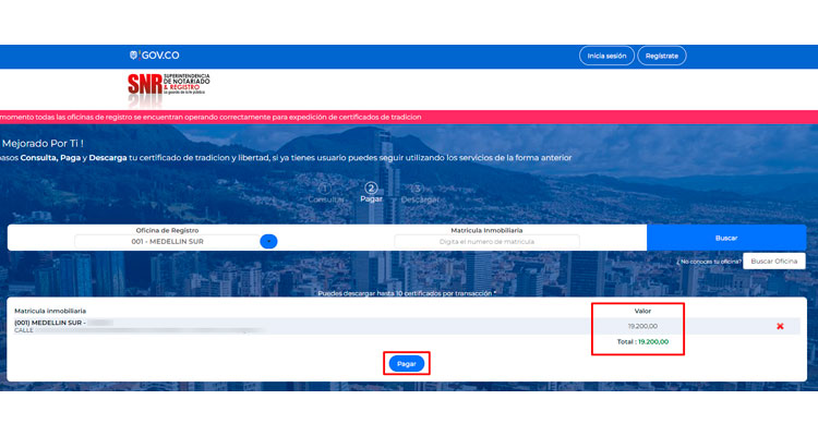 Boton de pago del Certificado de tradición y libertad