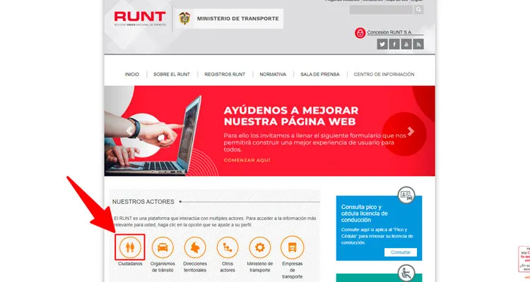 Menu ciudadanos en el runt