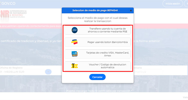 pasarelas de pago del certificado de tradicion