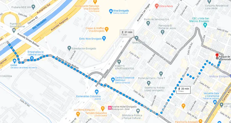 recorrido desde el metro de envigado al parque de san marcos