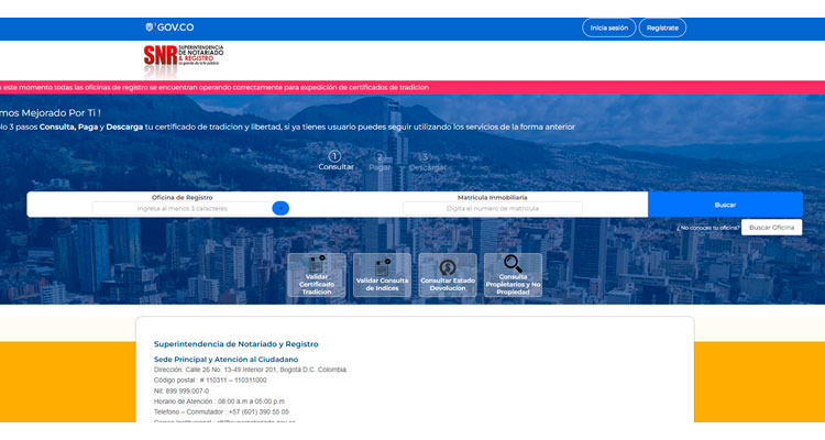 Pagina principal de la super de notariado y registro
