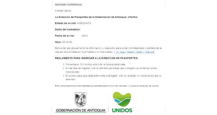 email de confirmacion cita del Pasaporte