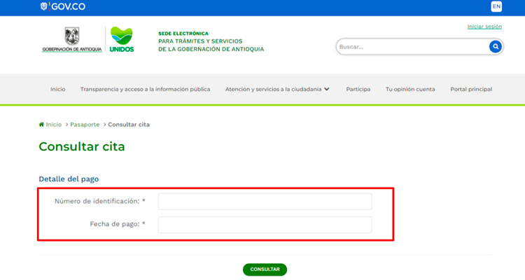 Formulario consulta de cita pasaporte