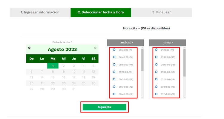 Escoger horario de cita para el Pasaporte
