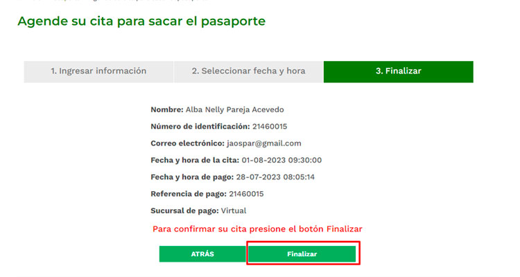 Finalizar pedido de cita del Pasaporte