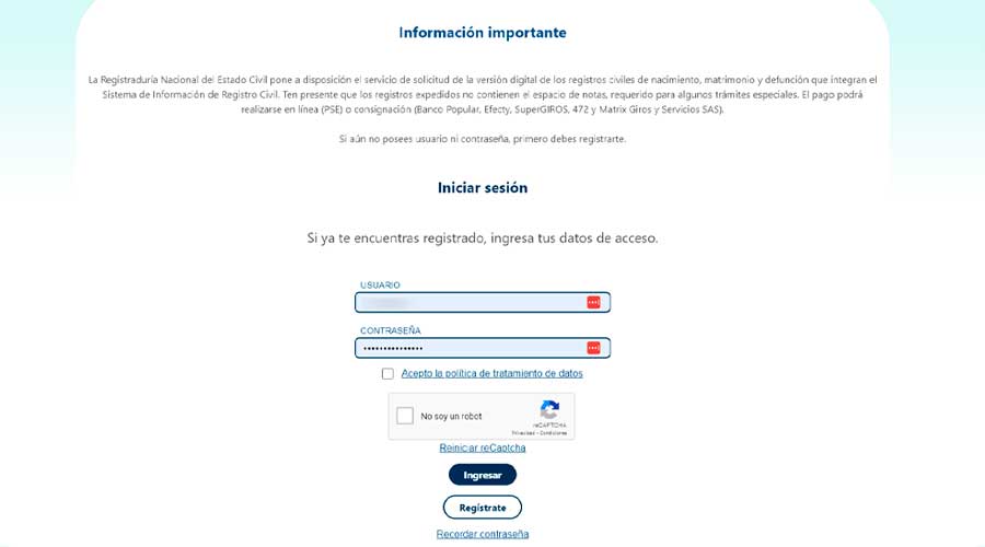 Iniciar sesion en el portal de la registraduria