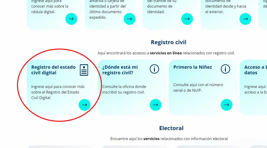 Opcion de registro del estado civil digital