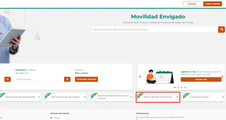 Boton para solicitar cita en la web de movilidad transito envigado