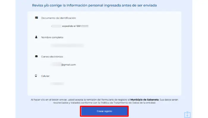 Confirmacion de registro online web municipio de sabaneta