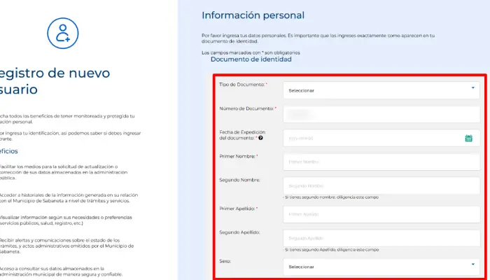 Formulario de registro nuevo usuario portal sabaneta