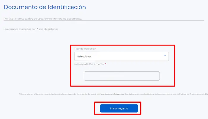 Formulario de registro portal impuestos sabaneta