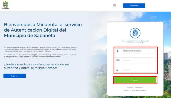 Formulario del sistema de autenticacion digital del municipio de sabaneta