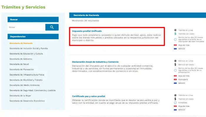 Captura de la web oficial de sabaneta Opcion impuesto predial unificado